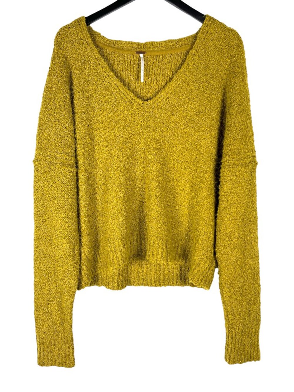 Free People Finders Keepers Boucle V-Neck Sweater Athens Moss Yellow Mustard L